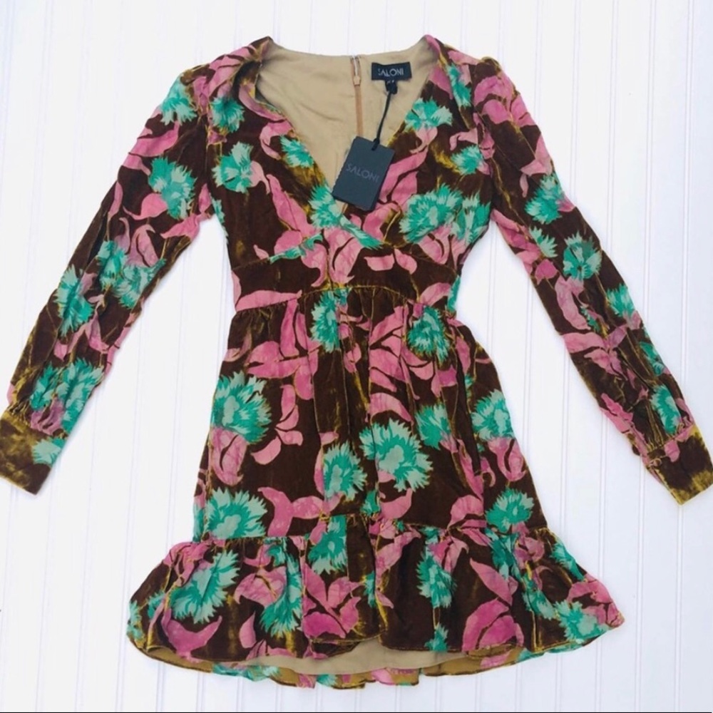 NWT Saloni Pia Velvet Devore Dress In Paradise Azalea size 2